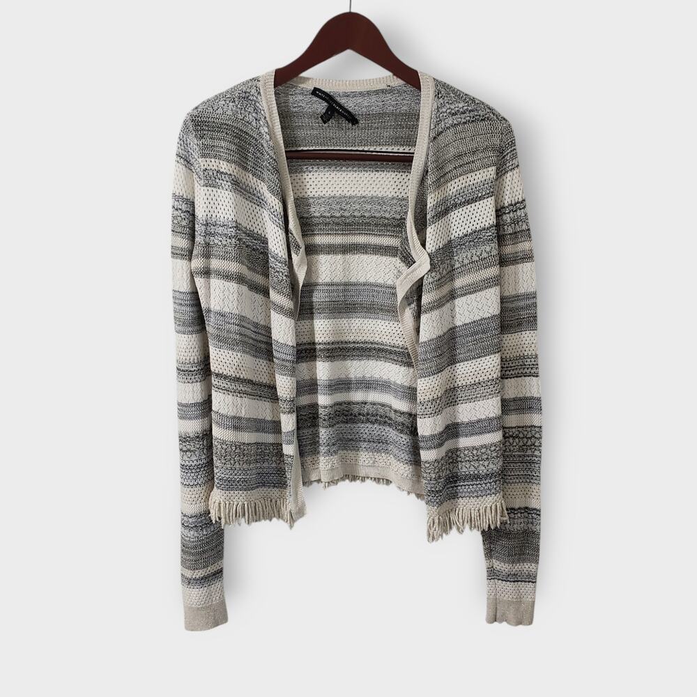 White House Black Market Crochet‎ Stripe Metallic Fringe Cardigan Sweater Small